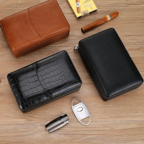 Vista 7 de Humidor de Puros Portátil, Estuche de Puros de Madera de Cedro y Cuero con Encendedor y Cortapuros, Negro
