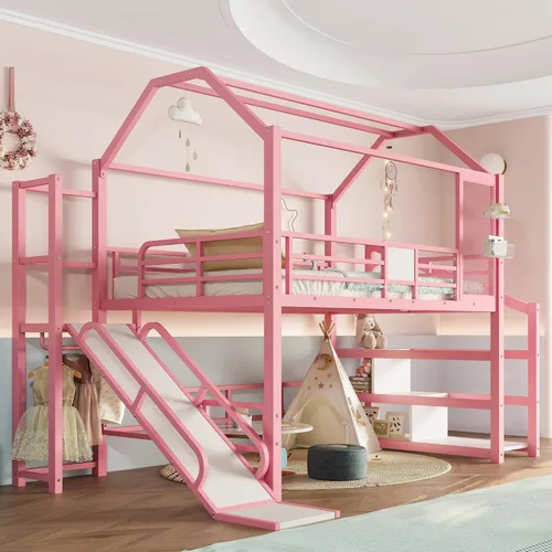 Vista 11 de Bellemave Cama Loft de Metal Tipo Casa Tamaño Twin con Tobogán y Escaleras, Marco de Cama Loft Casa de Juegos de Servicio Pesado con Estantes