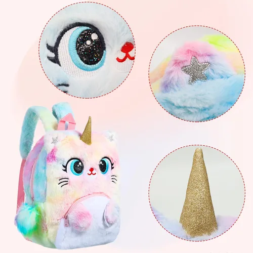 Vista 5 de Juego de 2 mochilas de unicornio para gatos, juego de 2 bolsas de hombro Kawaii para niños y niñas pequeñas, Rosado, Lindo