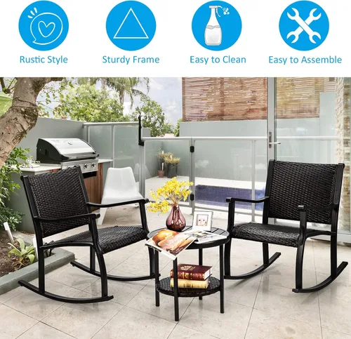 Vista 7 de COSTWAY Juego de 3 sillas mecedoras de ratán para patio, mesa de café, estante de almacenamiento
