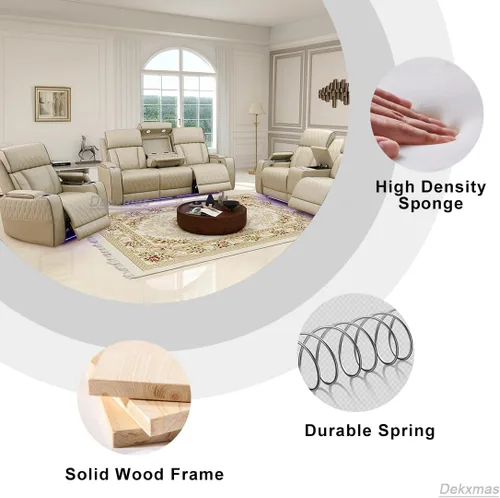 Vista 112 de Juego de sofá reclinable eléctrico, seccional de cuero transpirable beige, juego de muebles de sala de estar, 2 piezas, sofá reclinable eléctrico