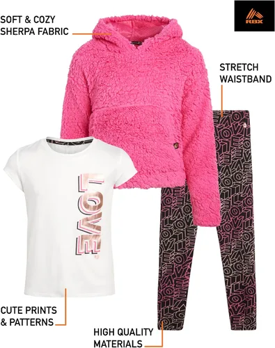 Vista 2 de RBX Conjunto de leggings para niñas, sudadera con capucha de 3 piezas, camiseta y leggings (talla 7-16)