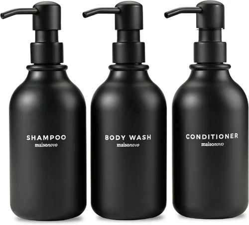 Vista 11 de MaisoNovo Botellas recargables de champú y acondicionador Juego de 3 botellas de plástico ámbar de 16.9 fl oz con bombas de bambú negras