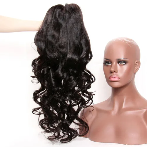 Vista 3 de premier Pelucas de cabello humano con encaje frontal de seda, nudos blanqueados, prearrancados, cabello humano brasileño suelto, ondulado, peluca