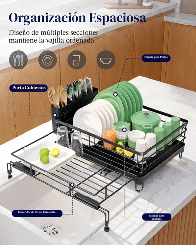 Vista 2 de Kitsure Escurridor extensible para platos – Escurridor de platos resistente al óxido para encimera de cocina con patas de soporte ajustables