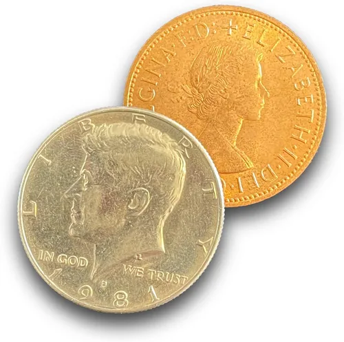 Vista 2 de Ted's Sterling Magic Saltando mitades Sol y Luna, Medio Dólar y Truco de Moneda Penny Inglés (Shell no expandido)