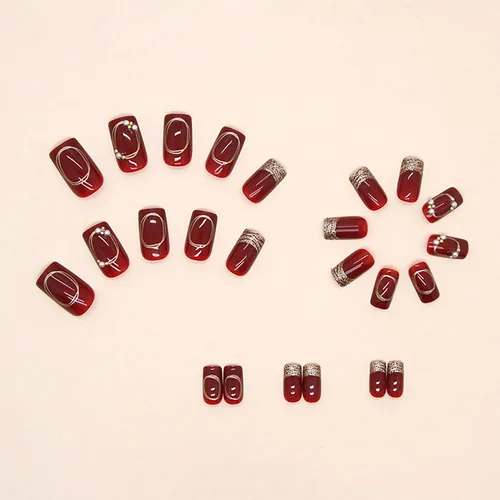 Vista 3 de Uñas postizas cuadradas de longitud media, uñas postizas acrílicas artificiales con diseños de diamantes de imitación de perlas rojas, juego de 24