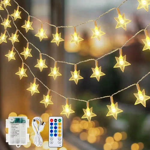 Vista 8 de HEYFUNi Guirnalda de luces de estrella USB y funciona con pilas, 16 pies, 50 luces LED con control remoto, 8 modos, 4 brillo y velocidad, luces