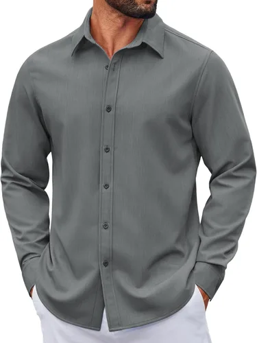 Vista 41 de COOFANDY Camisa de vestir casual de mezclilla con botones y manga larga para hombre