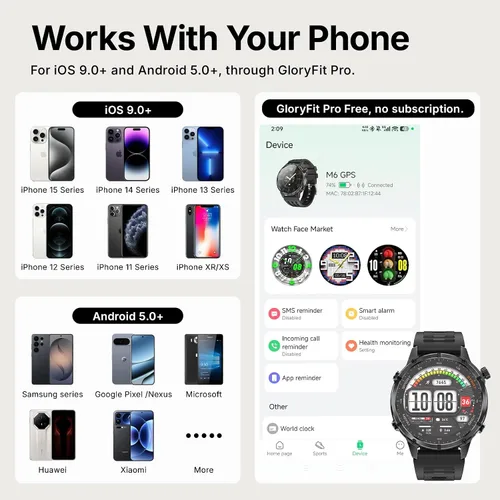 Vista 8 de WalkerFit Reloj inteligente resistente con GPS M6 para hombres, 1.969 in