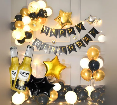 Vista 5 de 18 tazas de cerveza con temática de corona, decoración de fiesta para hombres, globos de felicitación, globos dorados y negros de estrella