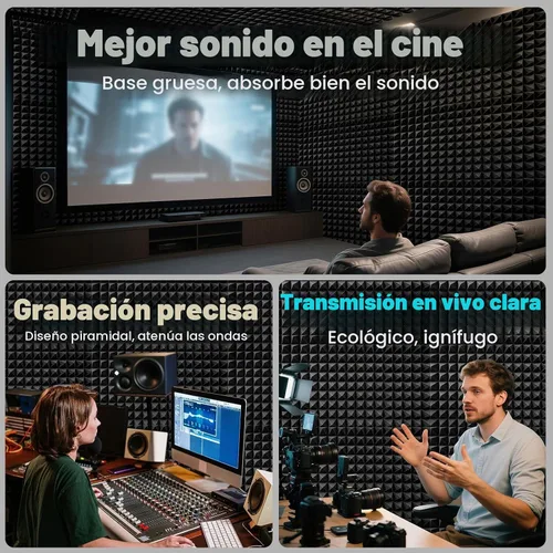 Vista 2 de Focusound Paneles acústicos, paquete de 24 unidades de 2 x 12 x 12 pulgadas con 120 adhesivos de doble cara, espuma piramidal a prueba de sonido