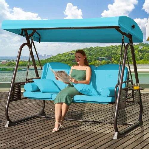 Vista 27 de Columpio de porche para exteriores 3 en 1 con toldo ajustable, columpio de 3 asientos para adultos, columpio de patio con cojines gruesos, almohadas