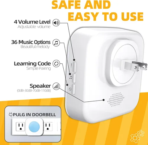 Vista 6 de Timbre inalámbrico de 1200 pies impermeable para el hogar con 36 melodías, 4 niveles de volumen, luz LED flash (1 receptor y 1 botón táctil blanco)