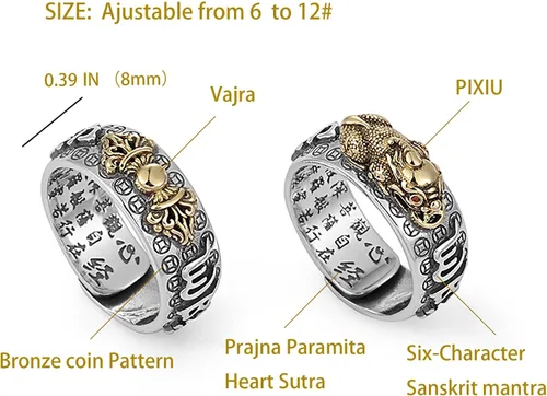 Vista 4 de Kucheed Anillo de mantra Feng Shui PiXiu, anillos budistas de plata de buena suerte, joyería de amuleto MANI, doble protección, riqueza amor salud