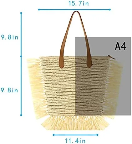 Vista 6 de Women Large Fringe Straw Woven Shoulder Bag Summer Beach Top-Handle Bag Travel Tote
