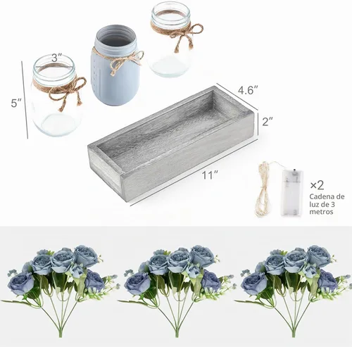 Vista 4 de Mkono Luces de Frasco Mason Centro de Mesa Decoración de Mesa para Comedor Bandeja de Madera Estilo Granja con 3 Frascos Flores Piezas Centrales