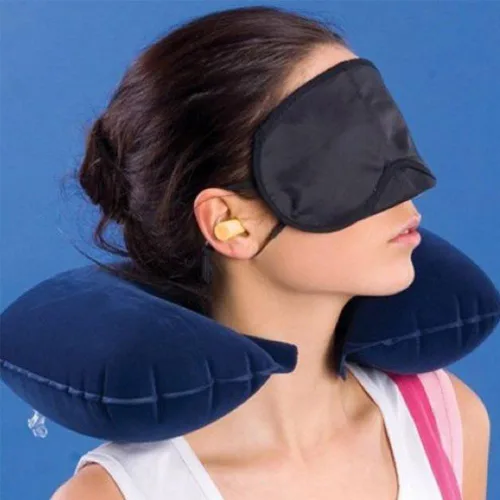 Vista 4 de AnHua 3 in1 Viaje Cuello Almohada Cojín Inflable Máscara de Ojos 2 Tapones de Oído Cómodo Viaje