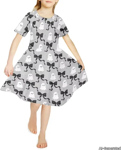 Vista 3 de SEANATIVE Vestido de manga corta para niñas de 3 a 14 años Black Bow Ghost