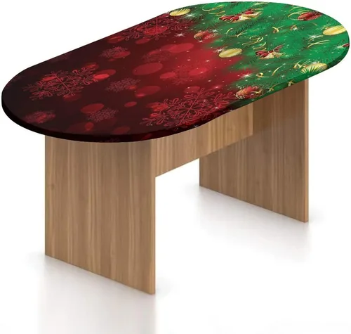 Vista 9 de Mantel ajustable ovalado de poliéster con bordes elásticos de Navidad, felicitación de Año Nuevo con estampado de guirnalda de acebos, se adapta a