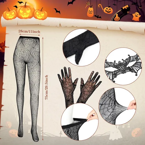 Vista 3 de Toulite Juego de 8 piezas de disfraz de telaraña de Halloween para mujer, incluye tela de araña negra, capa de encaje negro, guantes y medias