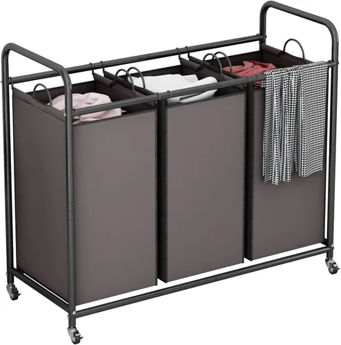 Vista 8 de LINZINAR Clasificador de ropa sucia de 3 bolsas, carrito de lavandería con ruedas enrollables resistentes y bolsas extraíbles (gris) Laundry Room