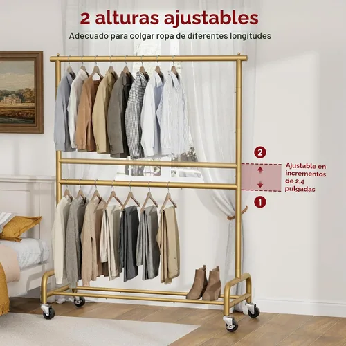 Vista 6 de SLEEPING LAMB Perchero de Ropa Resistente de Doble Barra para Colgar Ropa, Perchero de Vestimenta Metálico Rodante con Ruedas, Perchero Colgador