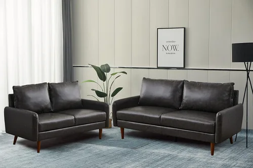 Vista 7 de INSTORY Sofá de dos plazas de cuero moderno Sofá cómodo con patas de madera para sala de estar, oficina, color gris oscuro
