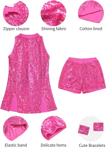 Vista 6 de LOLANTA Vestido de baile de lentejuelas para niñas de 4 a 12 años, traje de baile de hip hop, sin mangas y pantalones cortos