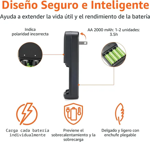 Vista 3 de Amazon Basics Cargador de batería de 4 bahías para baterías recargables AA y AAA con baterías AA NiMh precargadas, funcionamiento LED, enchufe tipo