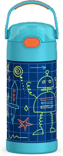 Vista 9 de THERMOS FUNTAINER - Botella de agua con pajilla, 12 onzas, botella de agua de acero inoxidable aislada al vacío para niños con tapa, color negro