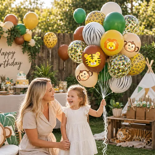 Vista 6 de Globos de animales, 60 globos de fiesta de 12 pulgadas, color verde y marrón crema, globos estampados de guepardo de animales para decoración