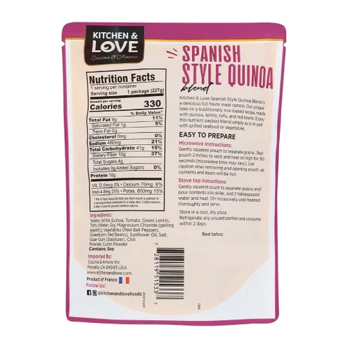 Vista 2 de Kitchen & Love Mezcla de quinua estilo español, precocida, bolsa lista para microondas, estable en estantes, sin OMG, sin gluten ni lácteos, a base
