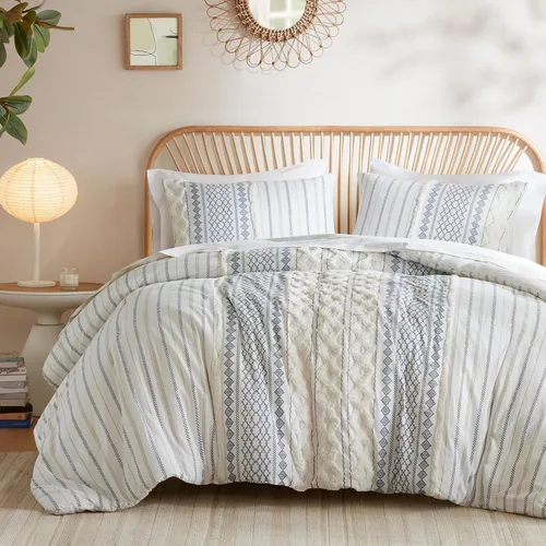 Vista 12 de INK+IVY Edredón para cama tamaño Queen, chenilla con mechones, juego de edredón de algodón transpirable Queen, edredón bohemio moderno para todas