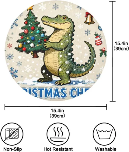 Vista 4 de Merry Christmas Crocodiles Plastic Round placemats placemats for Kitchen Table Washable Set of 4 15x15 in manteles redondos para mesa