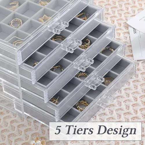 Vista 6 de misaya Organizador de aretes de acrílico con 75 ranuras, 5 cajones, organizador de joyas transparente solo para aretes, regalo para mamá, gris