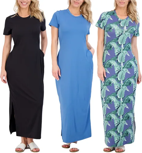 Vista 7 de Real Essentials Paquete de 3 Vestidos de Verano Casuales para Mujer de Manga Corta Maxi Camiseta con Abertura (Disponible en Tallas Grandes)