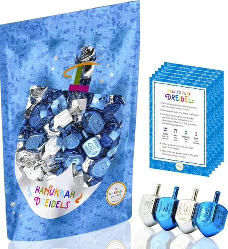 Vista 4 de The Dreidel Company Paquete de 10 Dreidels de Plástico Metálico Plateado y Azul de Hanukkah con Traducción al Inglés, Peonzas Incluye Tarjeta