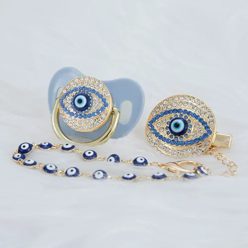 Vista 4 de Juego de chupete y clip de ojo malvado de ojo dorado y plateado, sin BPA, seguro, diseño único, regalo ideal para baby show recién nacido