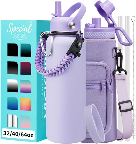Vista 12 de Botellas de agua de 32 onzas aisladas con pajita y tapa para beber de un sorbo, asa de paracord, bolsa de transporte con correa, termo de triple