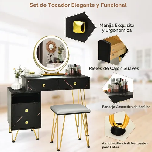 Vista 8 de CHARMAID Escritorio de tocador con armario lateral reversible, mesa de tocador de maquillaje con espejo iluminado, 3 luces de color, 4 cajones