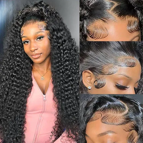 Vista 8 de Pelucas de cabello humano ondulado profundo de 13 x 6 pulgadas, pelucas de cabello humano prearrancado HD con encaje frontal, densidad del 200%, sin