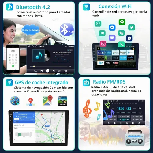 Vista 5 de Podofo Estéreo de auto de doble DIN de 2+32G con Apple Carplay Android Auto inalámbrico de 10.1 pulgadas, pantalla táctil y radio Android