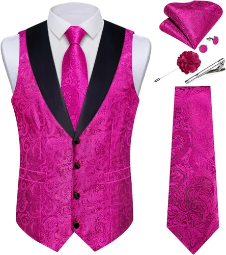 Vista 13 de DiBanGu Chaleco de traje de cachemira para hombre, chaleco jacquard de seda y corbata, chaleco formal de cuello de chal, 7 piezas para fiesta