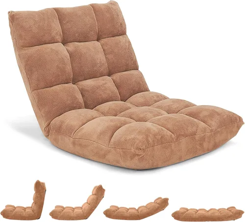 Vista 12 de Byroce - Silla plegable para juegos de suelo, ajustable de 14 posiciones, sofá cama con soporte para espalda, sillón reclinable para meditación Café
