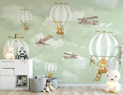 Vista 4 de Murwall Papel pintado para niños, globo aerostático, animales, papel pintado para niños, mural de pared de avión, arte de pared para guardería
