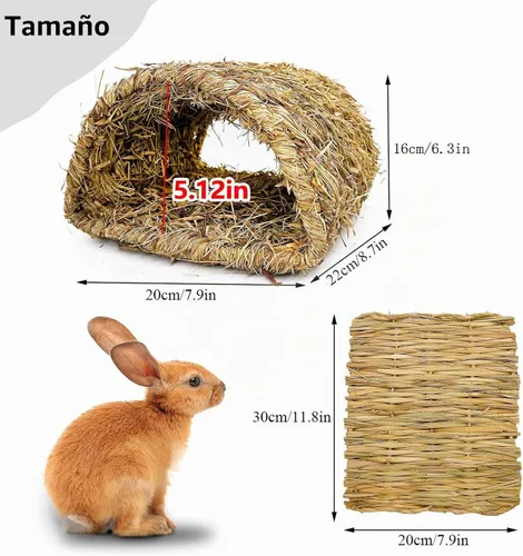 Vista 2 de Hamiledyi Túnel de hierba de conejo, cama de hierba de conejo, tapete tejido de paja natural para invierno, cabaña escondida cálida para conejo