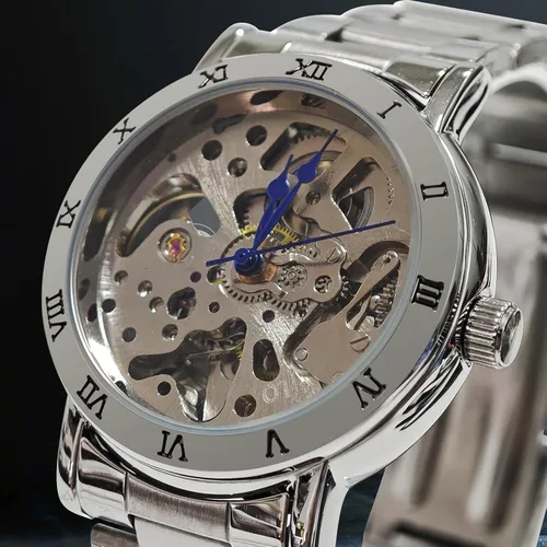 Vista 4 de Gute IK - Reloj automático para mujer, Steampunk con cuerda automática, pulsera plateada mecánica