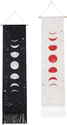 Vista 9 de Ochine Paquete de 2 tapices de fase lunar para colgar en la pared, tapices bohemios, fases blancas y negras, decoración del hogar para sala de estar