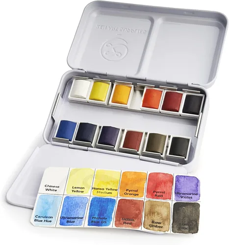 Vista 4 de ZenART - Pintura de acuarela profesional, no tóxica, juego de 12 medias bandejas en paleta de lata de metal, juego de acuarelas de viaje portátil